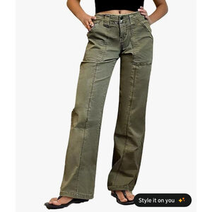 Flamingals Straight Leg Mid Rise Casual Solid Seam Front Flap Pocket Pants S